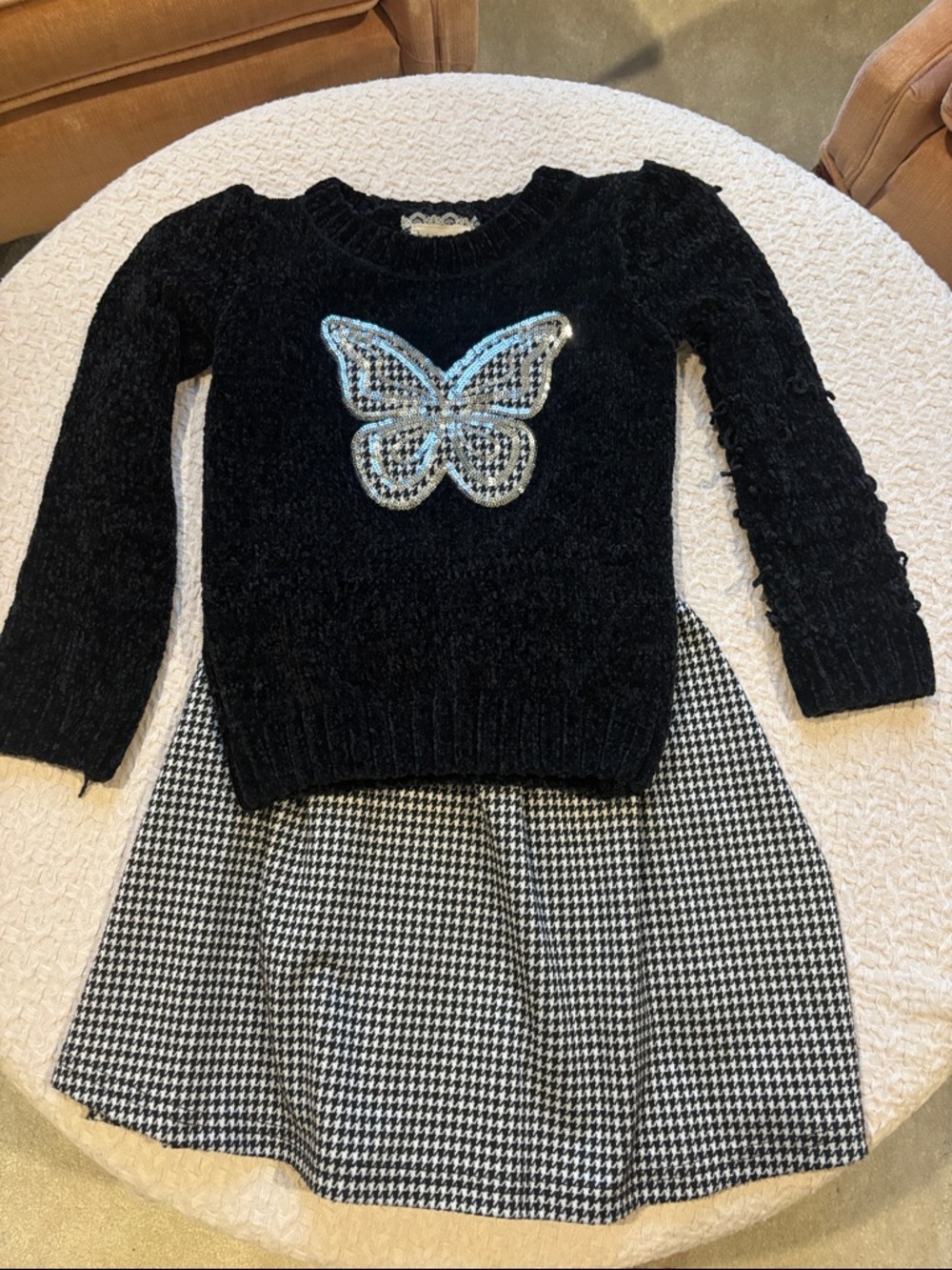 btween Black Sequin Butterfly Sweater Set with Houndstooth Skirt